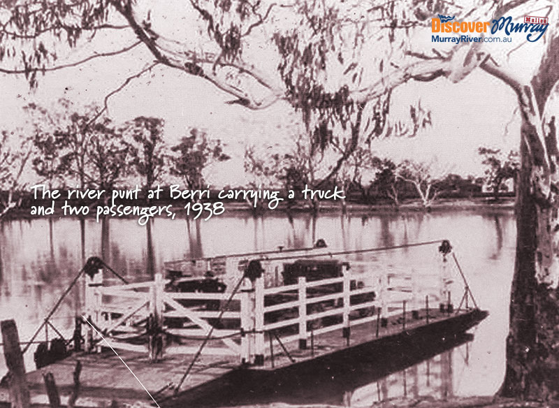 The river punt at Berri carrying a truck and two passengers, 1938